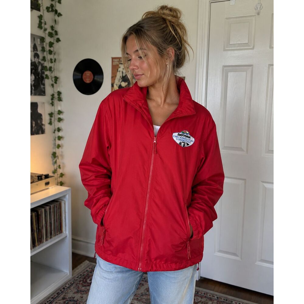 Nascar Lands End Jacket Womens Medium Red Daytona Speedway Hooded Pockets Ladies
